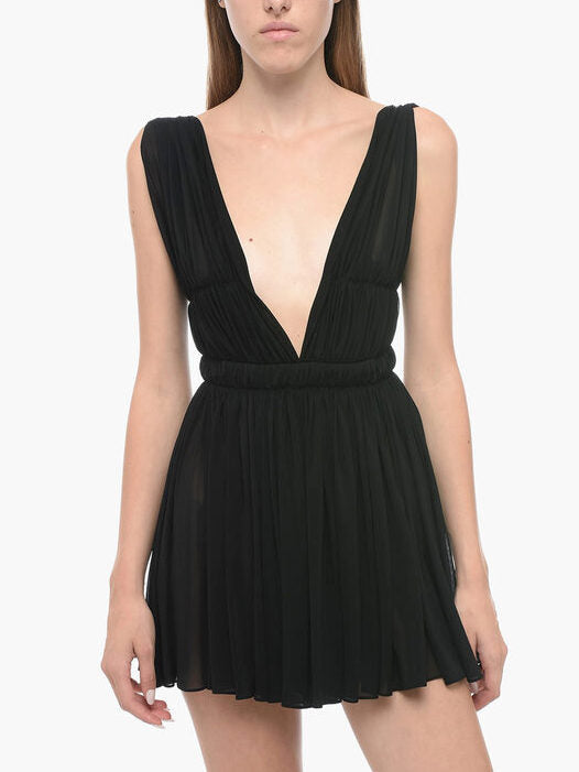 Black Pleated Open-Back Mini Dress