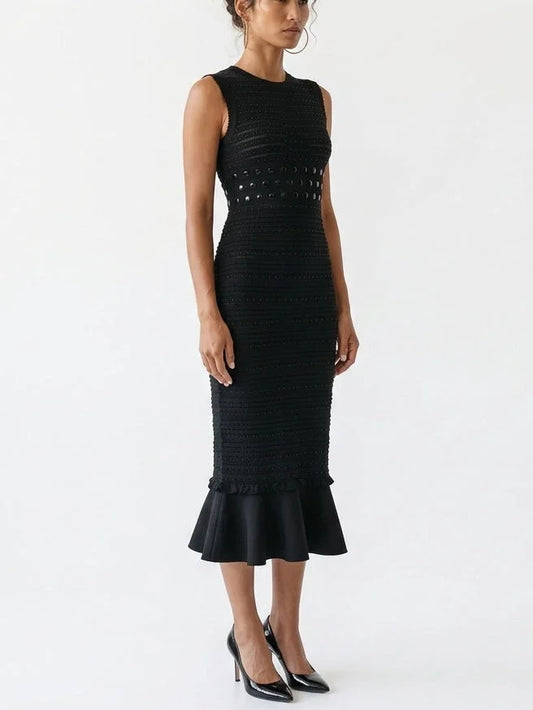 Black Pointelle Knit Midi Dress with Beaded Details - Dresses