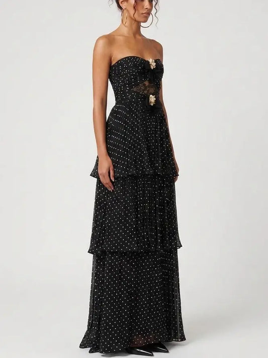 Black Polka Dot Strapless Tiered Maxi Dress - Dresses