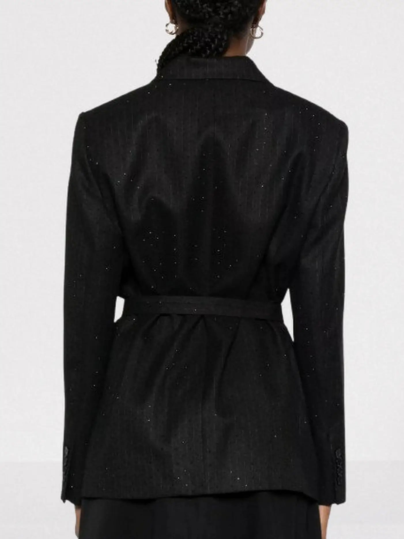 Black Rhinestone Pinstripe Blazer with Chain Belt - Jackets