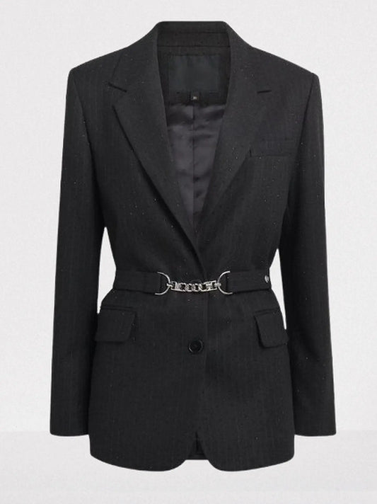 Black Rhinestone Pinstripe Blazer with Chain Belt - Jackets