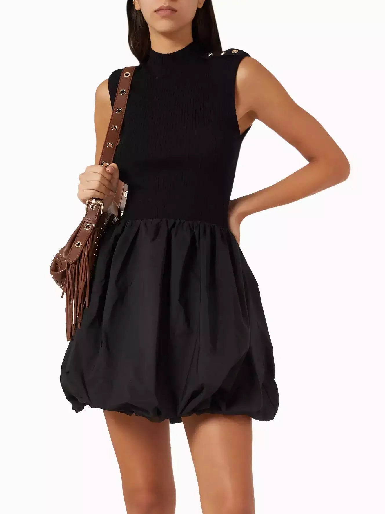 Black Rib-Knit Balloon-Skirt Mini Dress - Dresses