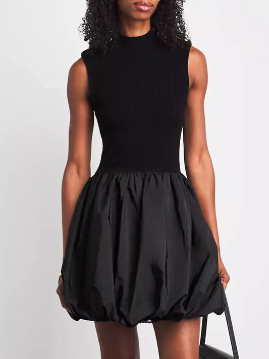 Black Rib-Knit Balloon-Skirt Mini Dress - Dresses