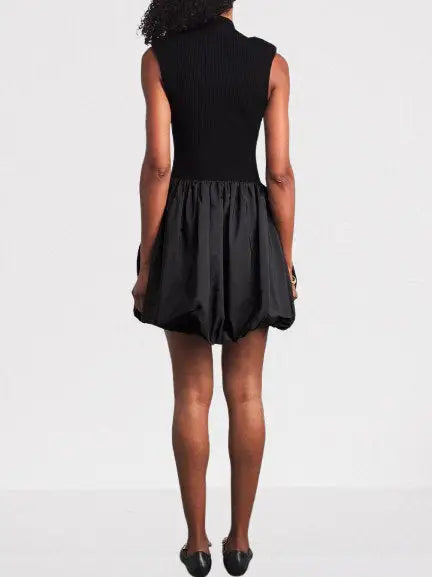 Black Rib-Knit Balloon-Skirt Mini Dress - Dresses