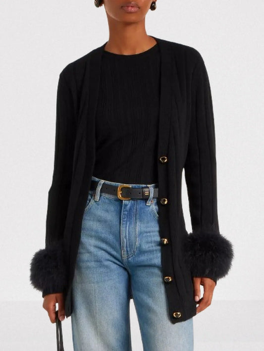 Black Ribbed Cardigan with Feather Cuffs - Sweaters & Knitwear