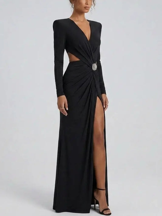 Black Ruched Cutout Maxi Dress With Crystal Brooch - Dresses