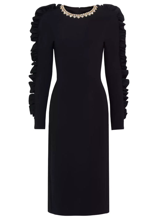 Black Ruffle Trim Embellished Collar Midi Dress Dresses