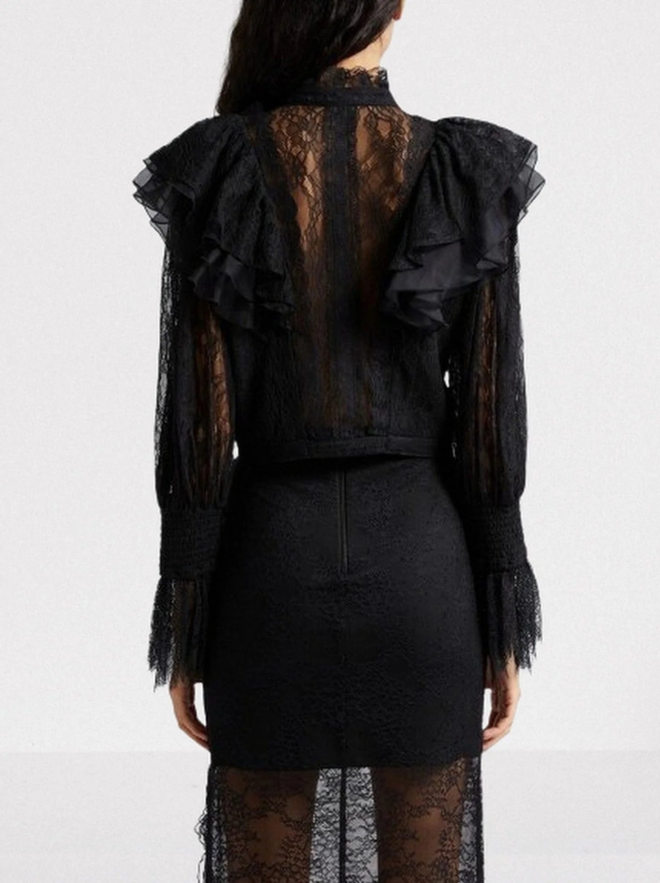 Black Ruffle Lace Blouson Top - Tops