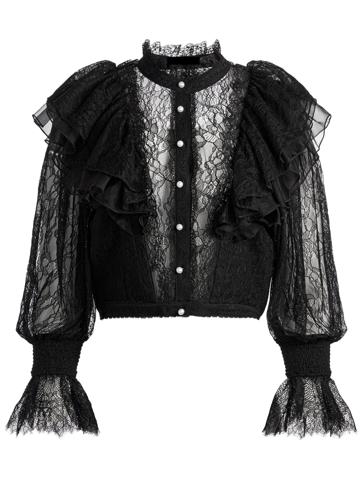 Black Ruffle Lace Blouson Top - Tops