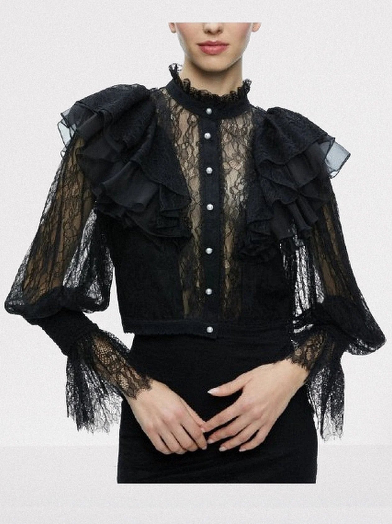 Black Ruffle Lace Blouson Top - Tops