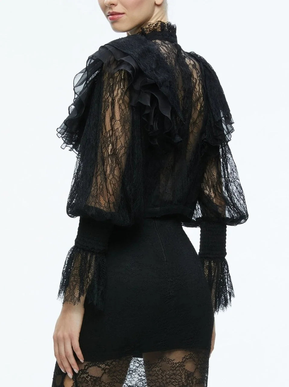 Black Ruffle Lace Blouson Top - Tops