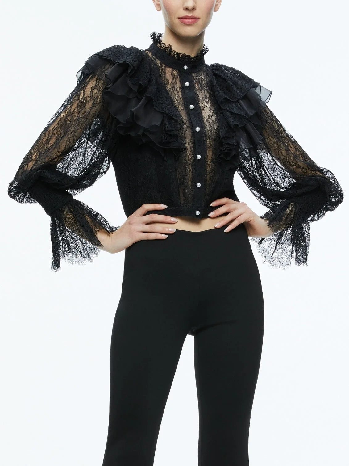 Black Ruffle Lace Blouson Top - Tops