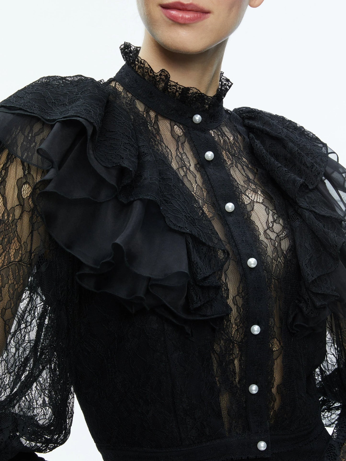 Black Ruffle Lace Blouson Top - Tops