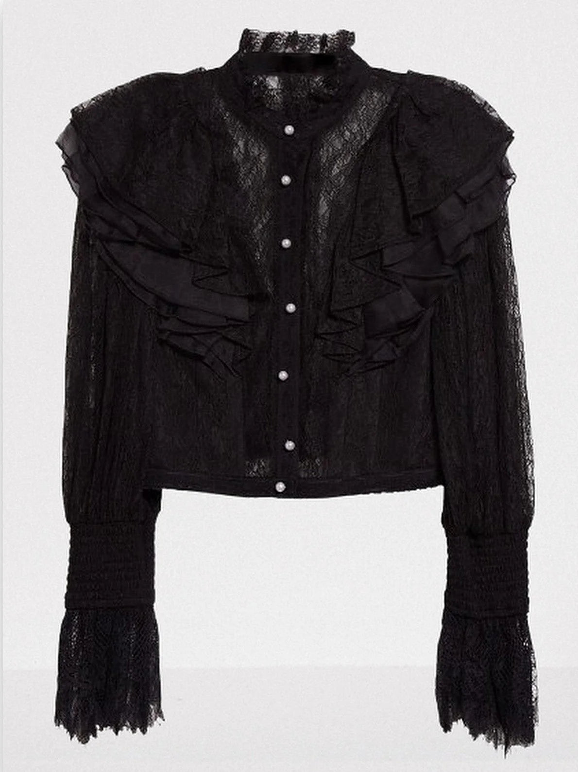 Black Ruffle Lace Blouson Top - Tops
