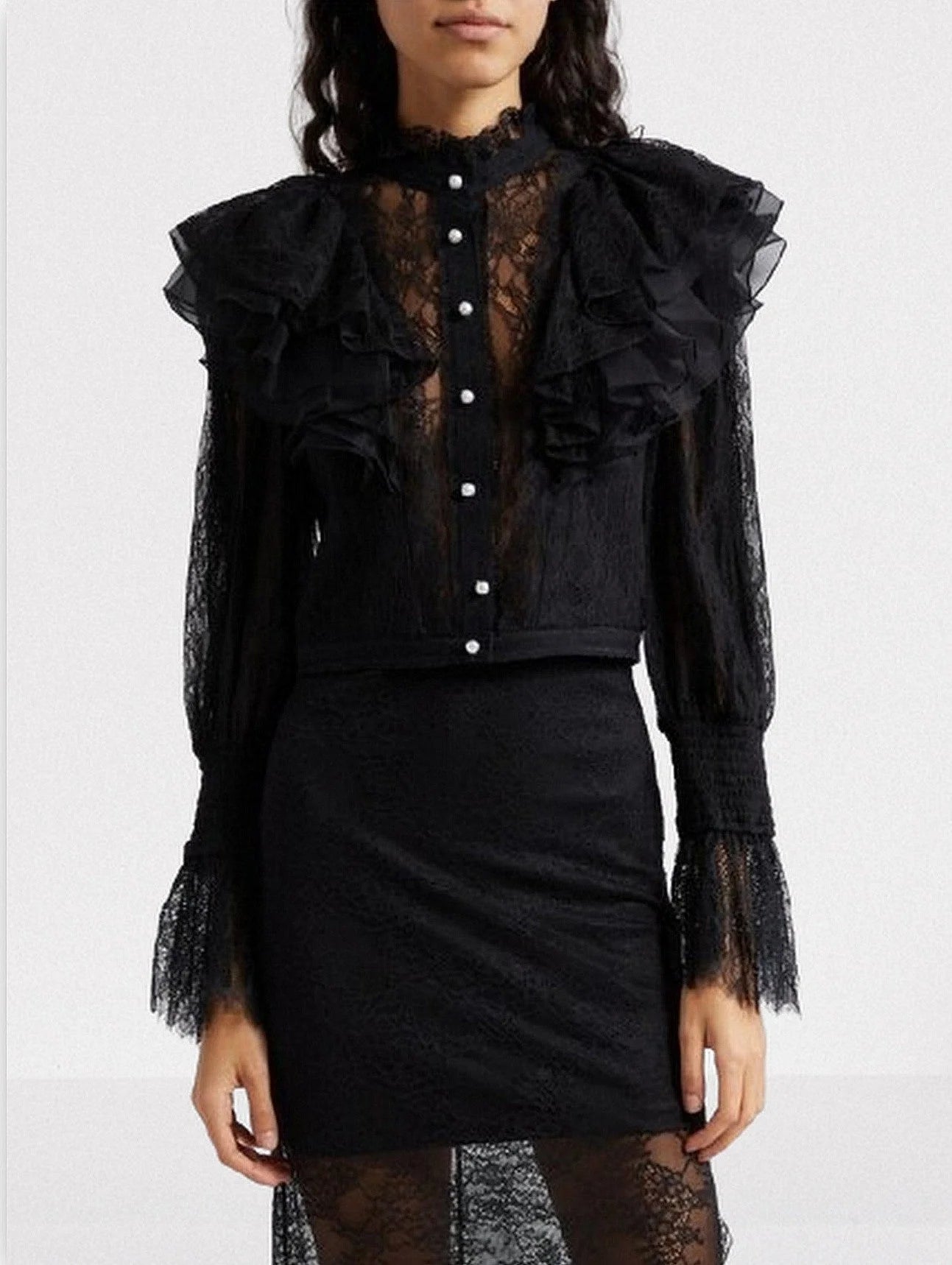 Black Ruffle Lace Blouson Top - Tops