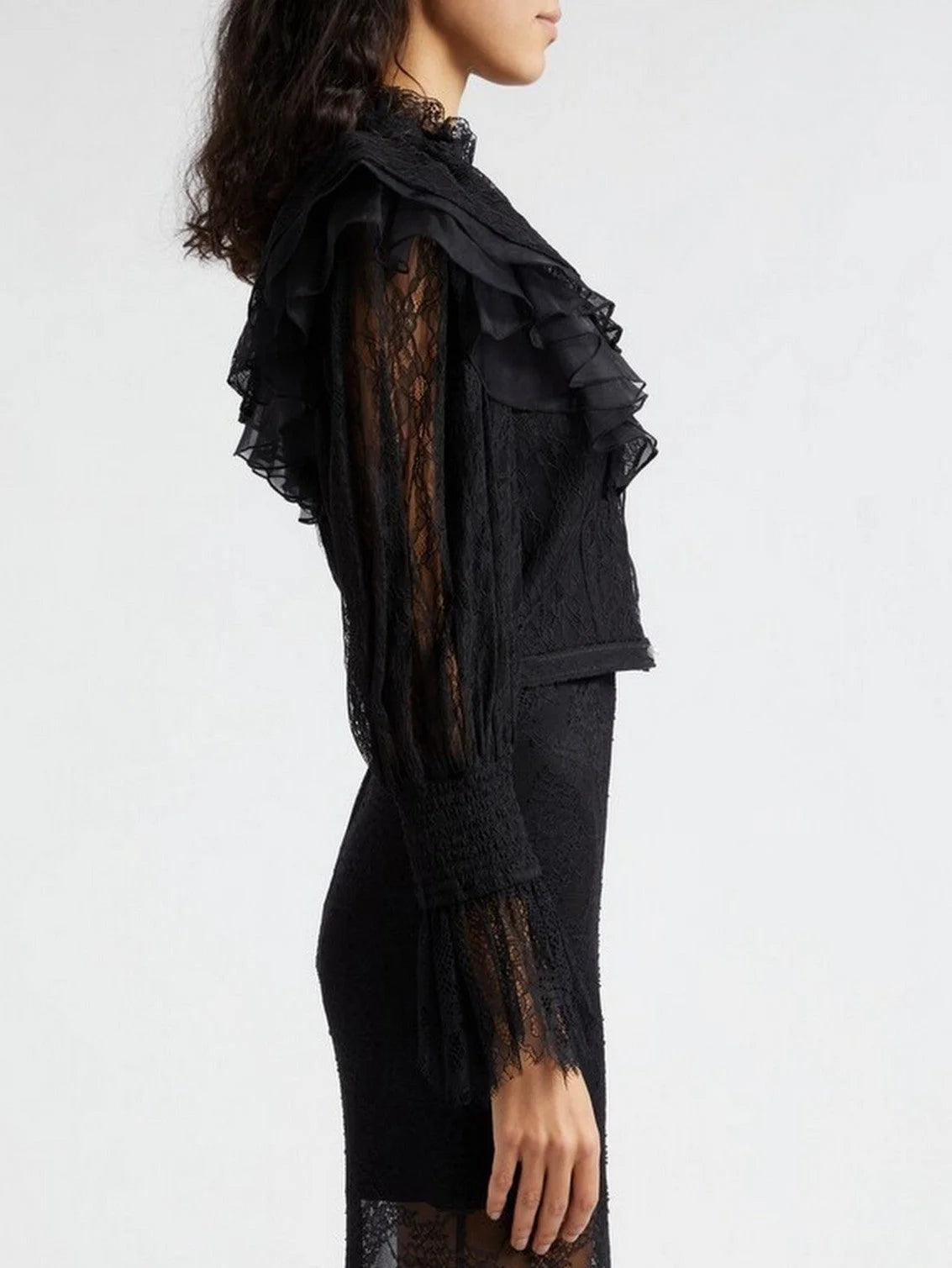 Black Ruffle Lace Blouson Top - Tops