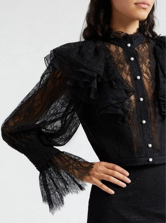 Black Ruffle Lace Blouson Top - Tops
