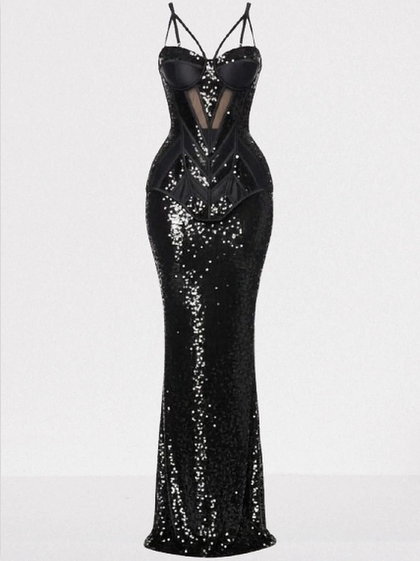 Black Sequin-Embellished Bustier Velvet Panel Gown - Dresses