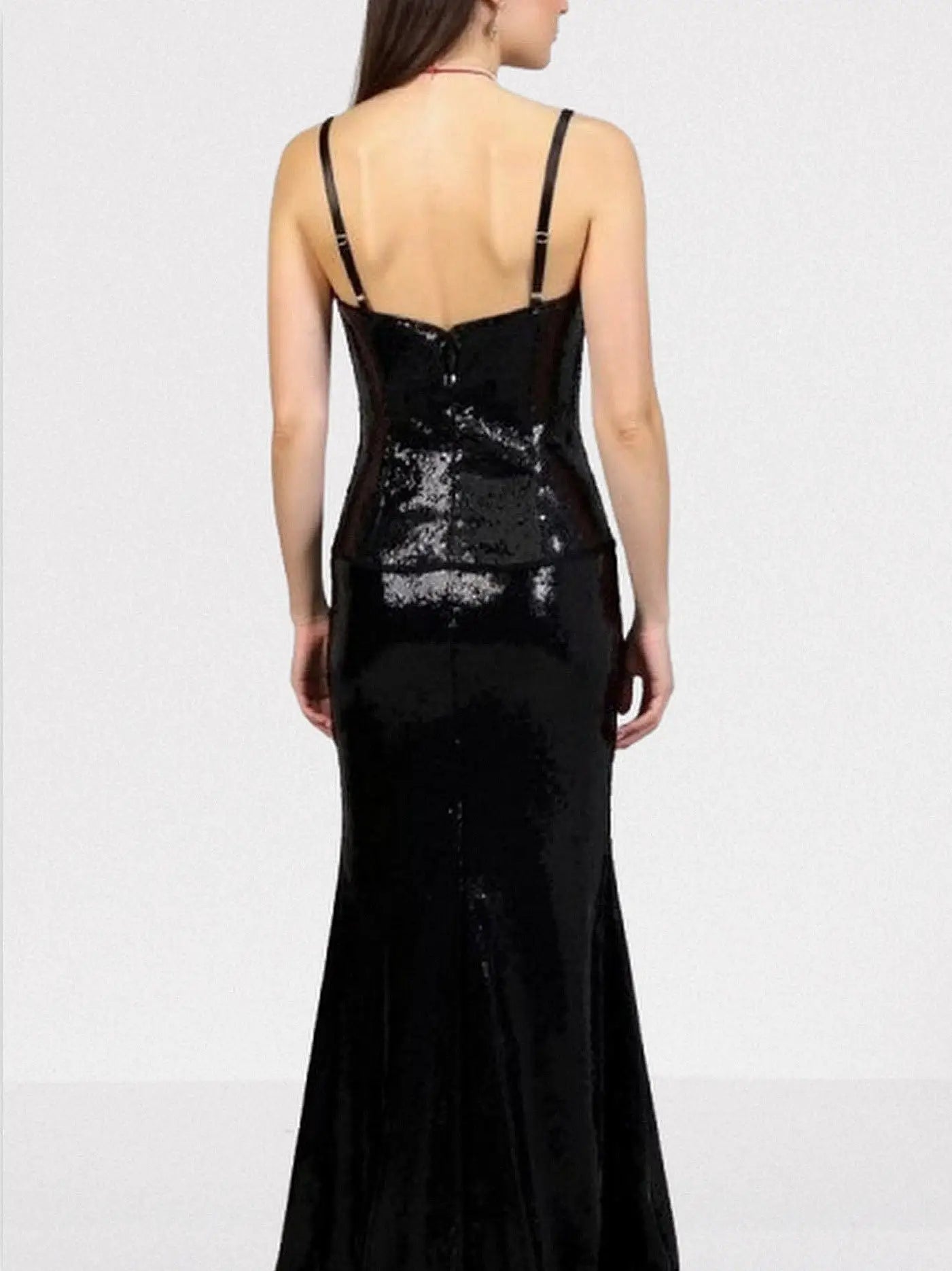 Black Sequin-Embellished Bustier Velvet Panel Gown - Dresses