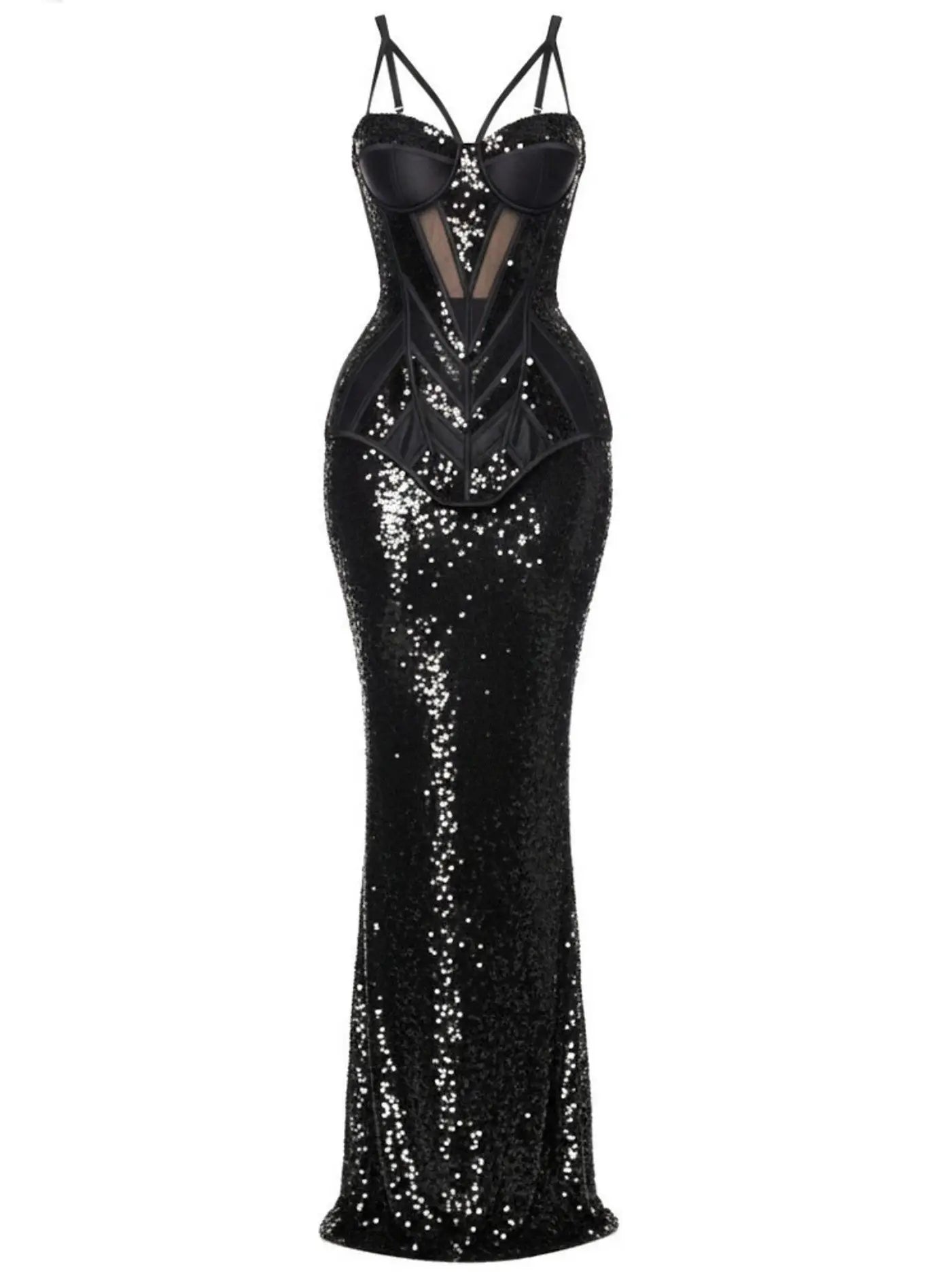 Black Sequin-Embellished Bustier Velvet Panel Gown - Dresses