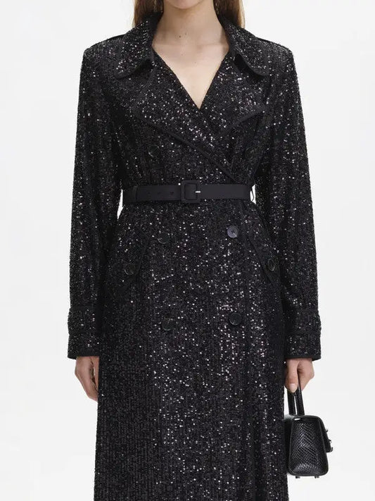 Black Sequin Double-Breasted Belted Trench Coat - Coats