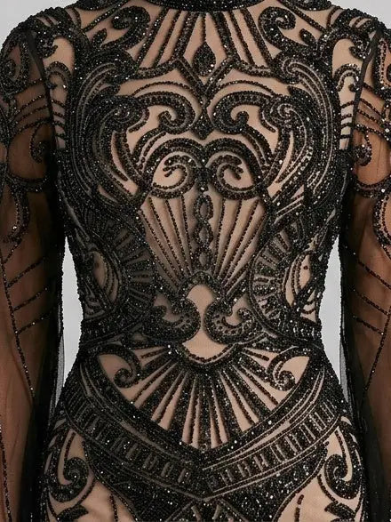 Black Sequin Embellished Illusion Tulle Evening Gown - Dresses