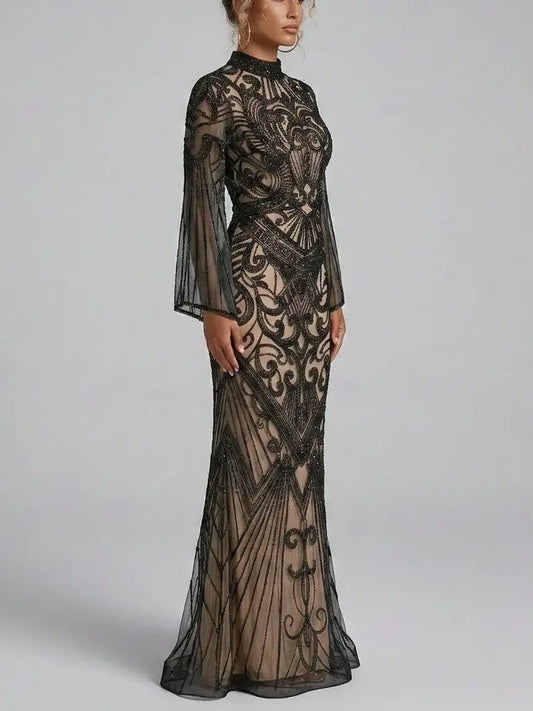 Black Sequin Embellished Illusion Tulle Evening Gown - Dresses