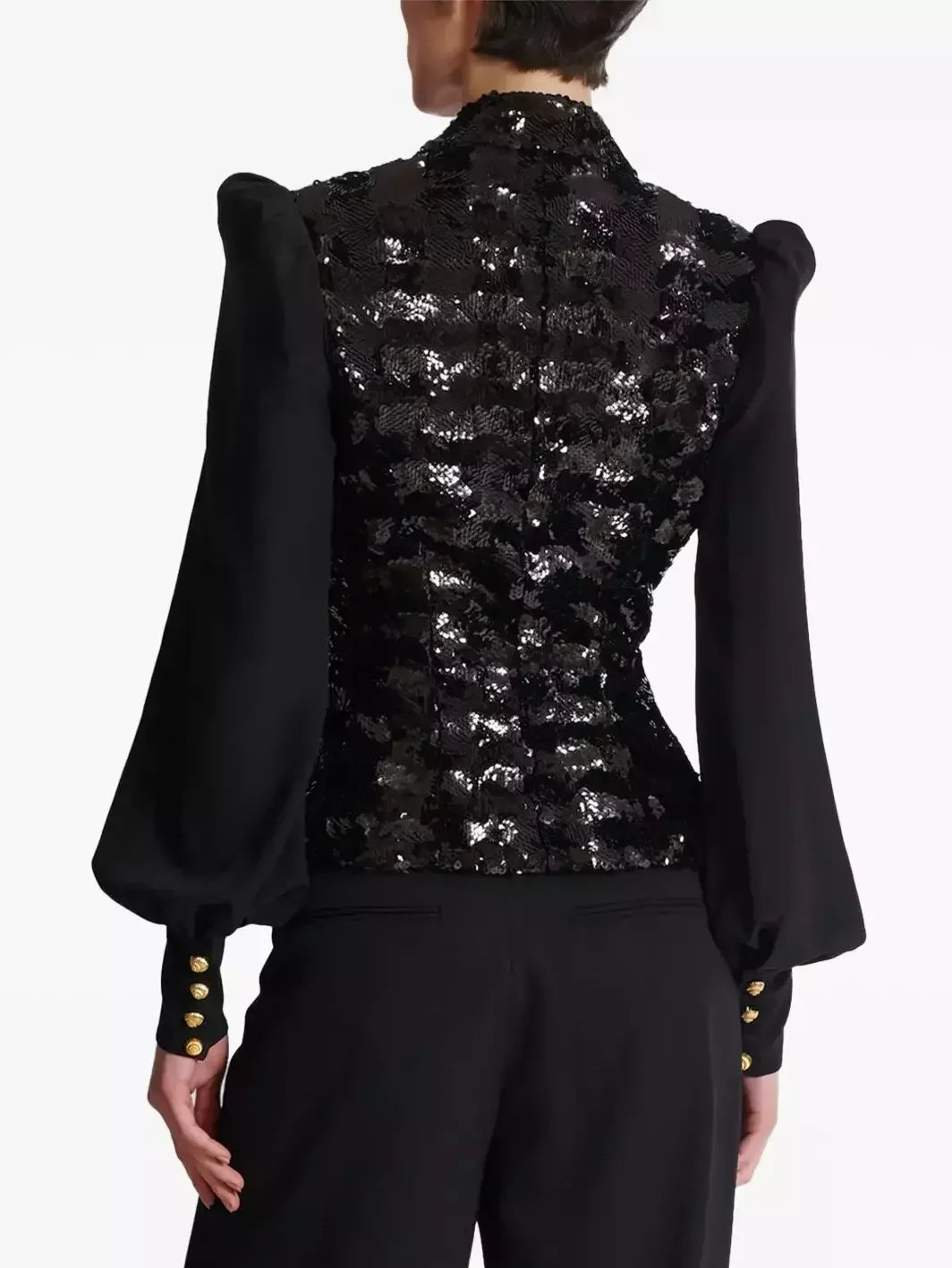Black Sequined Double Breasted Puff Sleeve Blazer Jackets