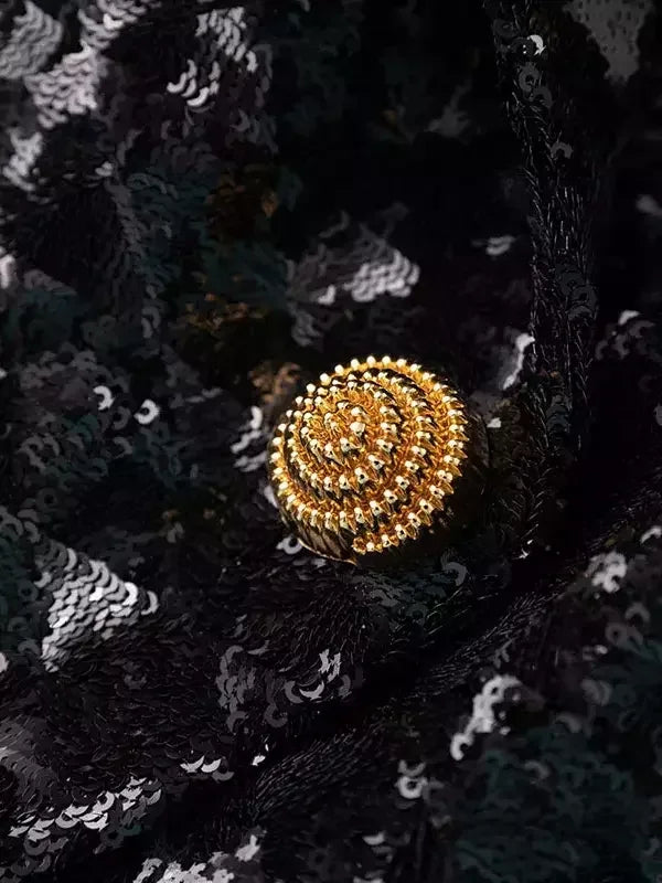 Black Sequined Double Breasted Puff Sleeve Blazer Jackets