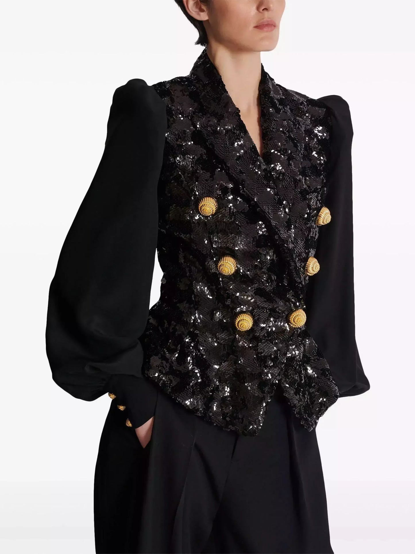 Black Sequined Double Breasted Puff Sleeve Blazer Jackets