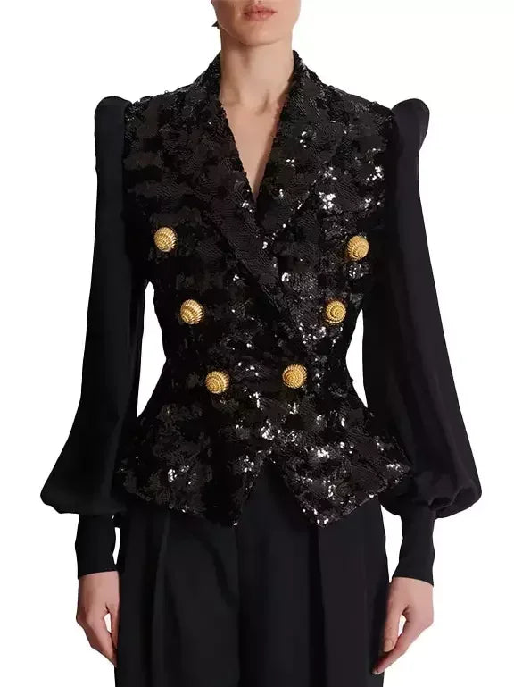 Black Sequined Double Breasted Puff Sleeve Blazer Jackets