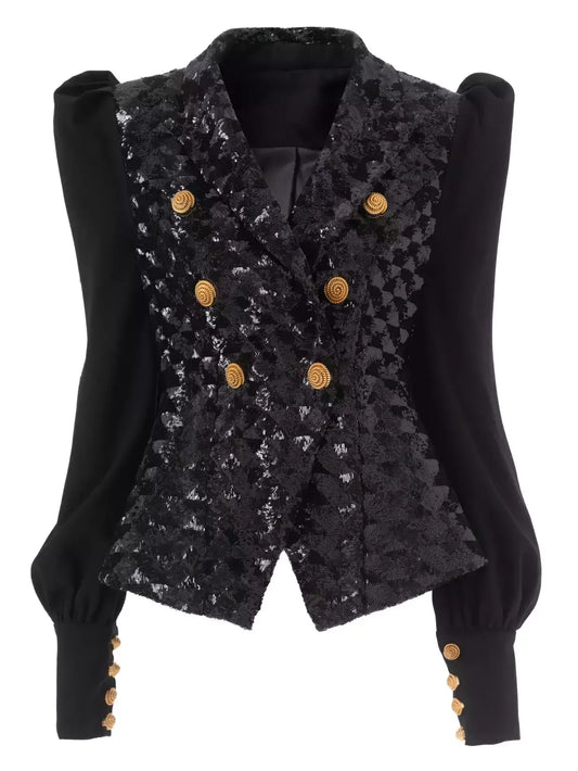 Black Sequined Double Breasted Puff Sleeve Blazer Jackets