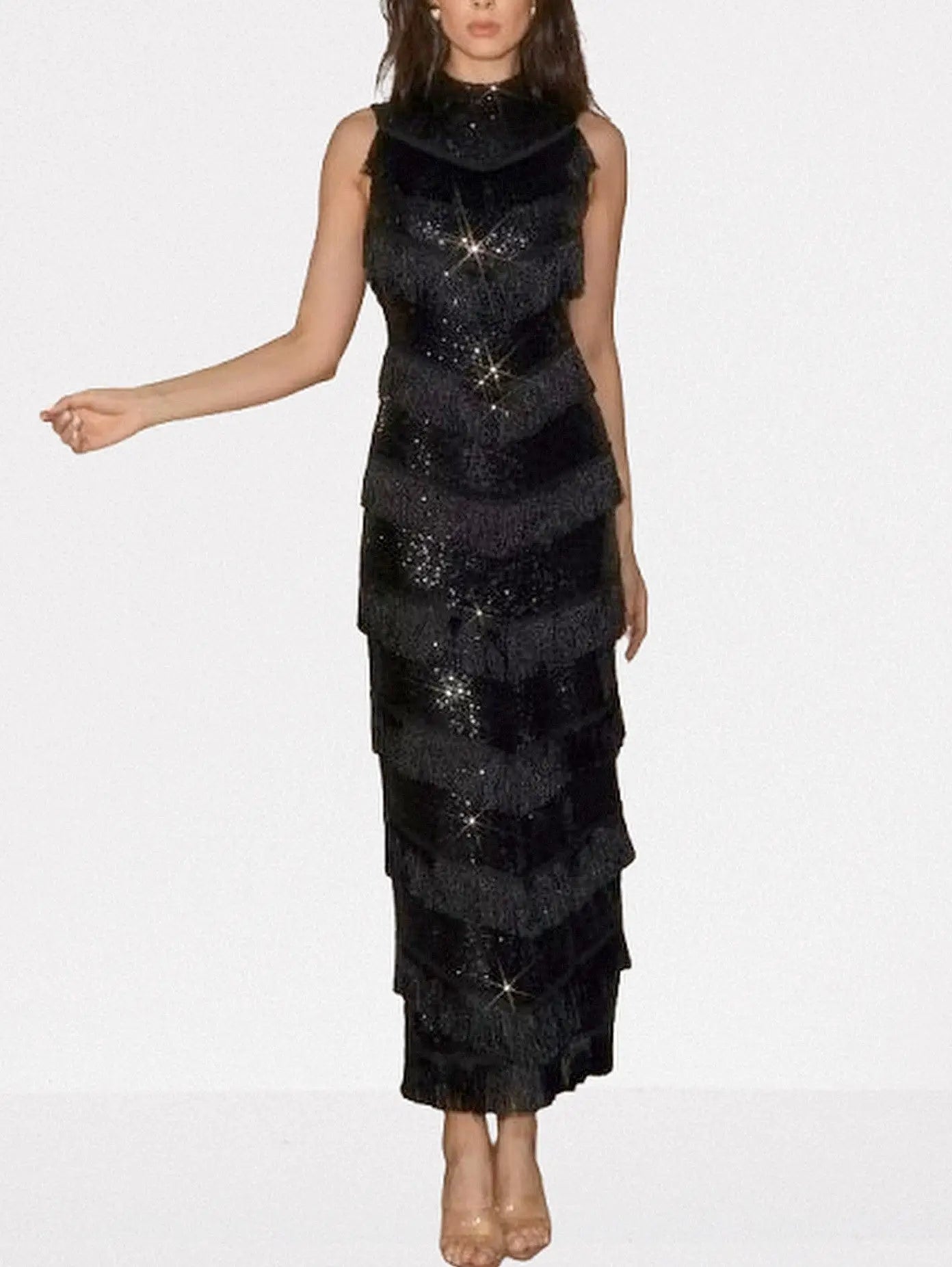 Black Sequined Fringe Sleeveless Maxi Dress - Dresses