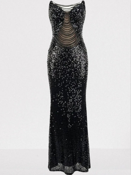 Black Sequined Strapless Gown with Draped Beads