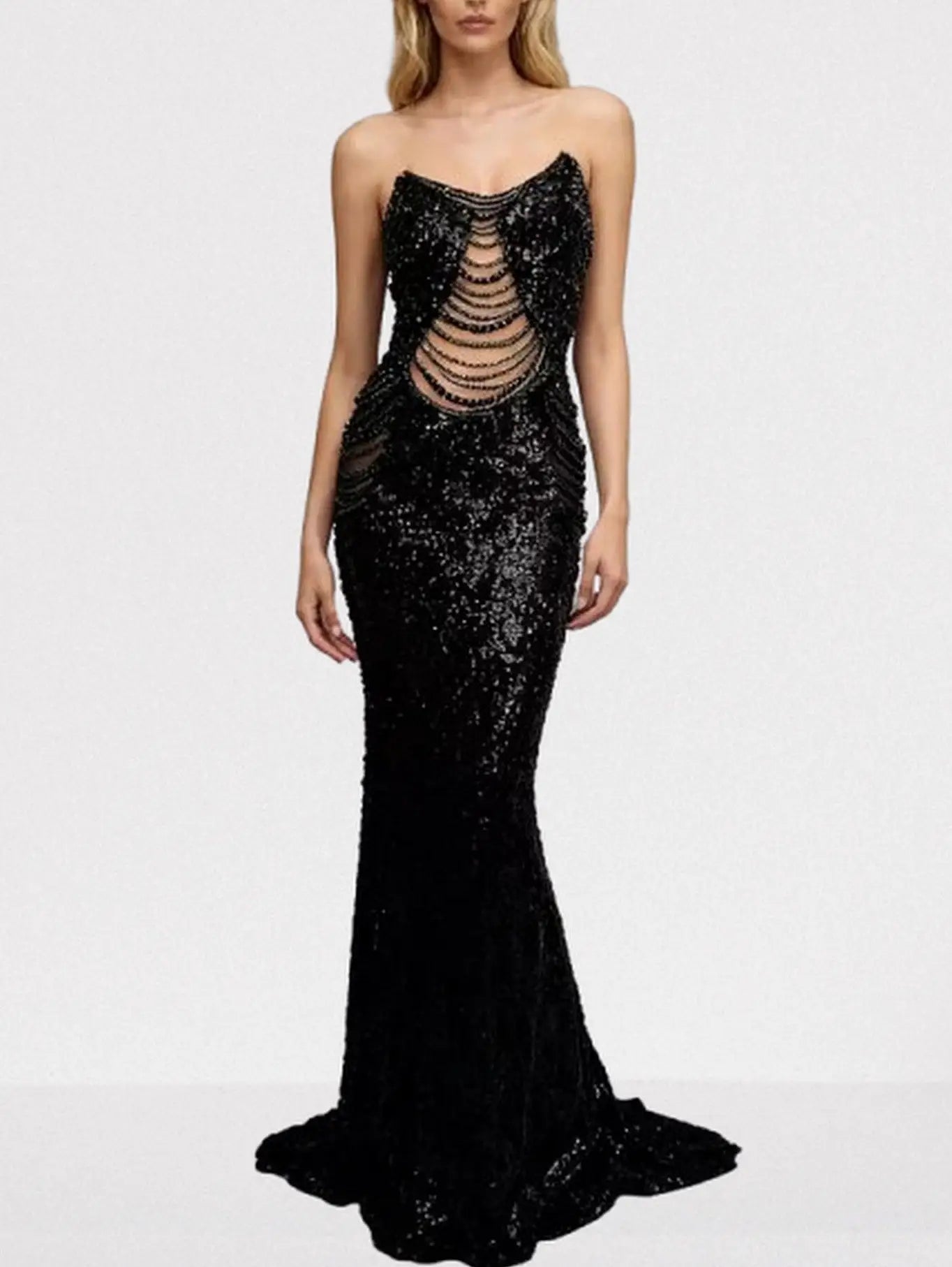 Black Sequined Strapless Gown with Draped Beads