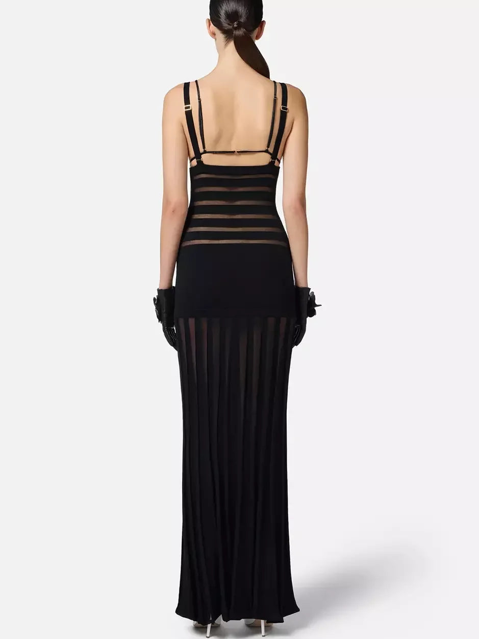 Black Sheer-Paneled V-Neck Maxi Dress - Dresses