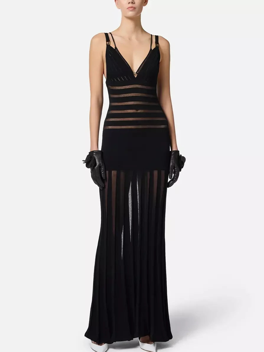 Black Sheer-Paneled V-Neck Maxi Dress - Dresses