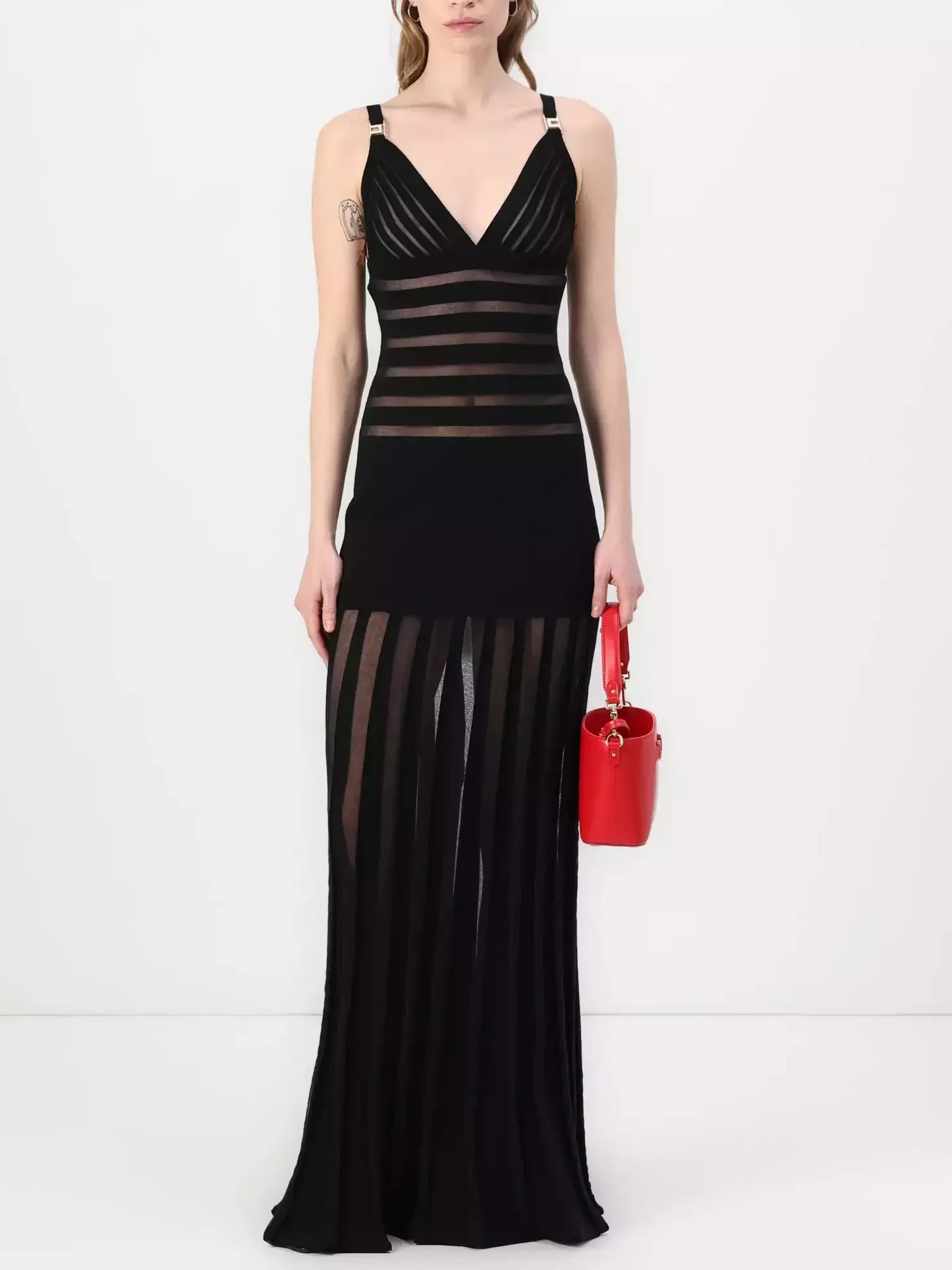 Black Sheer-Paneled V-Neck Maxi Dress - Dresses