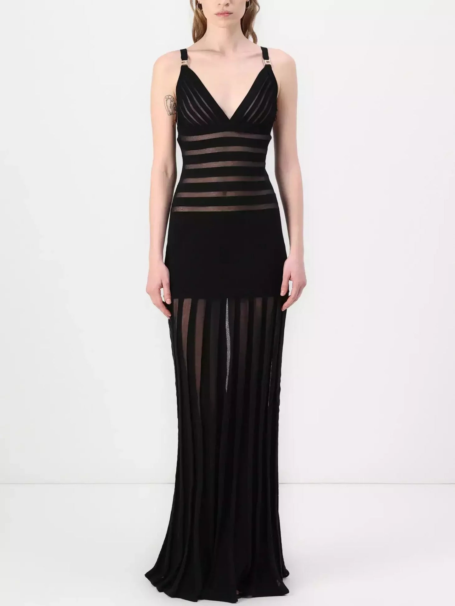 Black Sheer-Paneled V-Neck Maxi Dress - Dresses