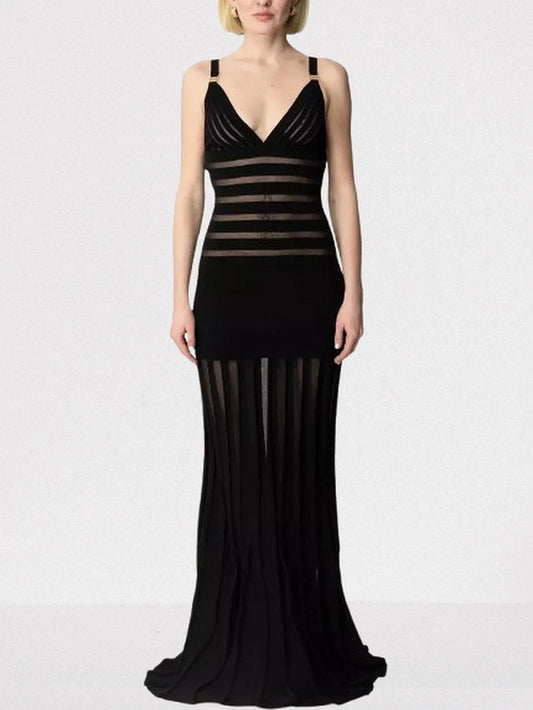 Black Sheer-Paneled V-Neck Maxi Dress - Dresses