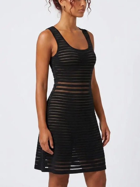Black Sheer Panel Knit Fit and Flare Dress - Dresses
