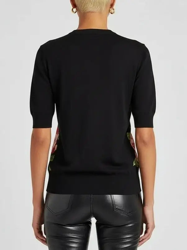 Black Silk Knit Rose Print Top - Tops