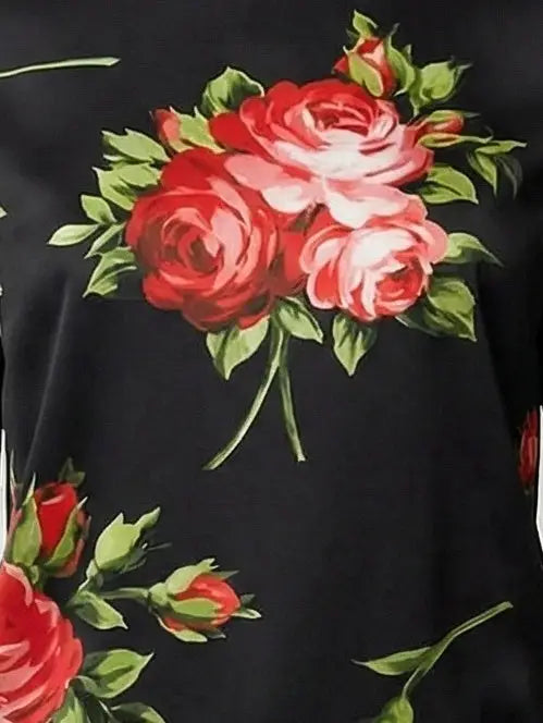 Black Silk Knit Rose Print Top - Tops
