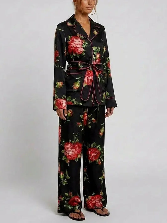 Black Silk Rose Print Belted Shirt and Pant Set - Suits & Sets