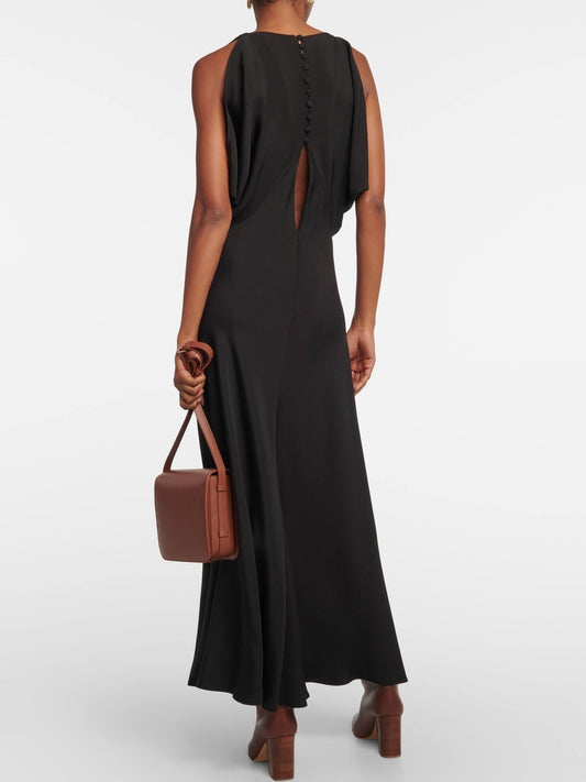 Black Silk V-Neck Maxi Dress - Dresses