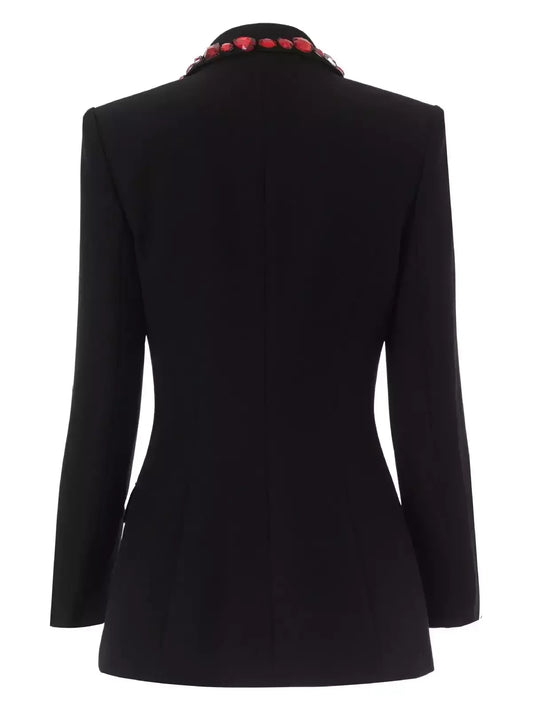 Black Single-Breasted Blazer with Red Jewels - Jackets