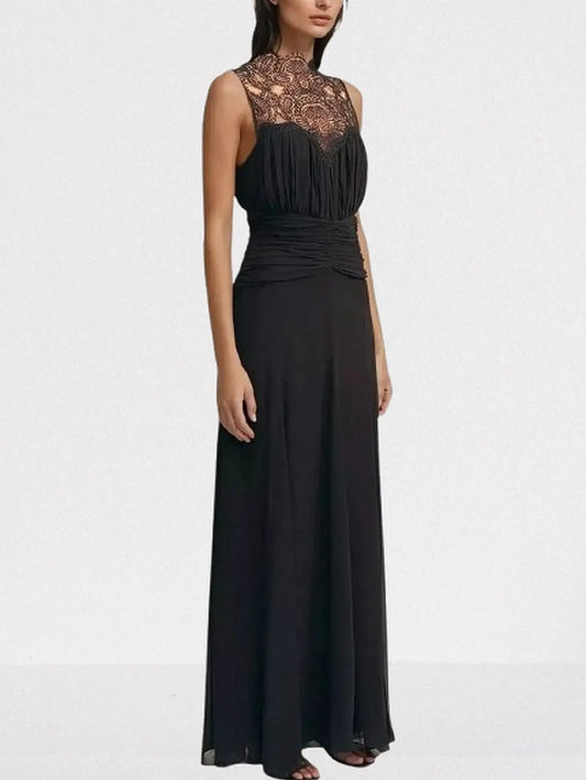 Black Sleeveless Lace and Gathered Detail Maxi Dress - Dresses