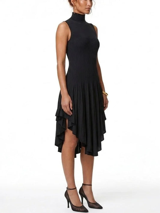 Black Sleeveless Ribbed Knit Dress with Asymmetric Hem - Dresses