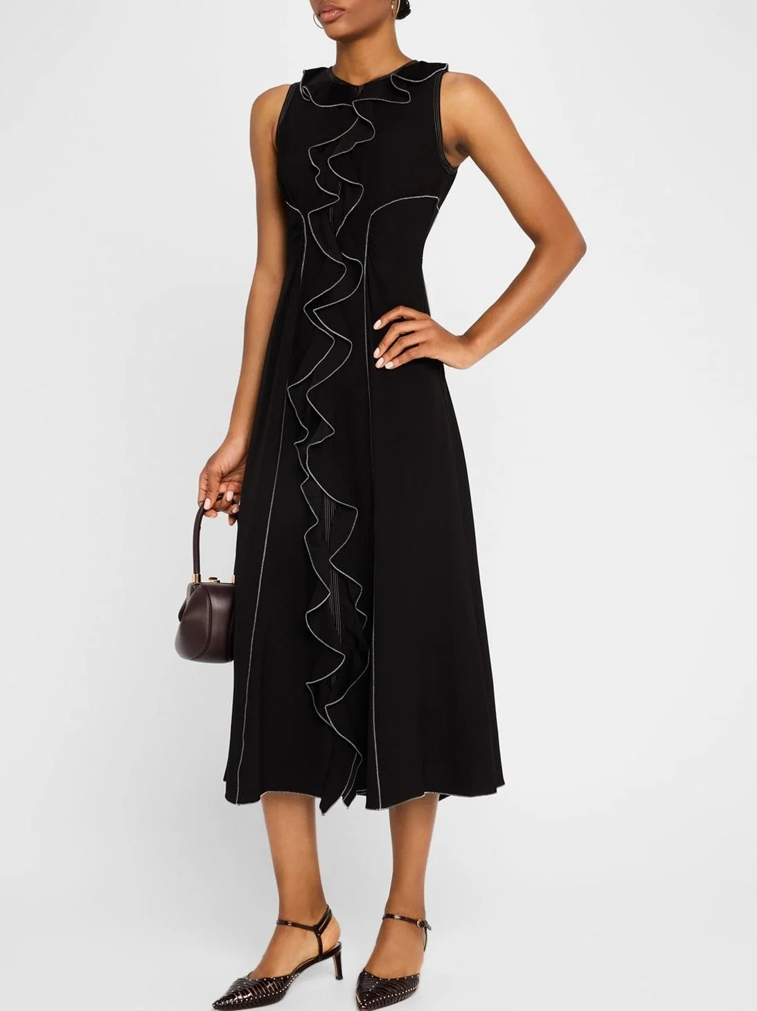 Black Sleeveless Ruffle Dress with Contrast Stitching Dresses