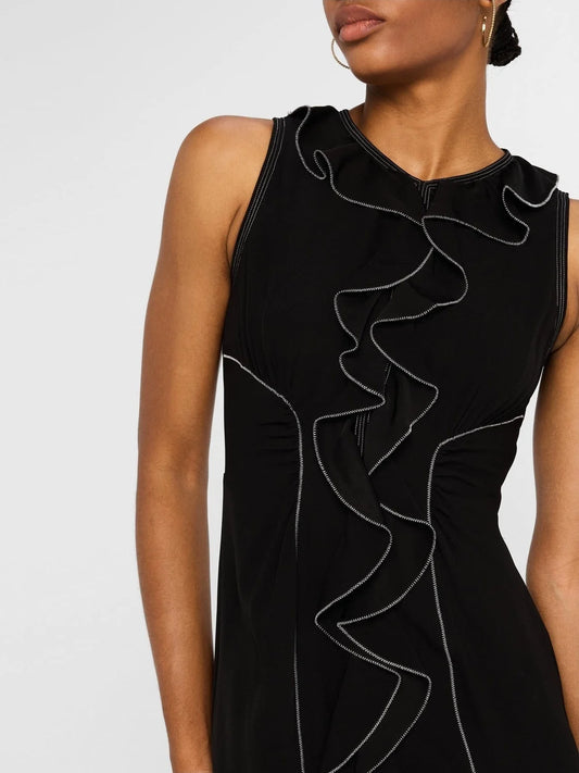 Black Sleeveless Ruffle Dress with Contrast Stitching Dresses